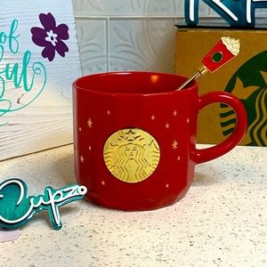 **LAST $ DROP Starbucks Red Christmas Star Gold Metal Mug w/Red Holiday Cup Mudd